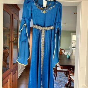 Blue Embroidered girls renaissance Medieval-Style princess costume with crown